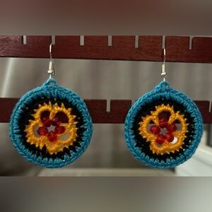 Blue black yellow crochet earrings